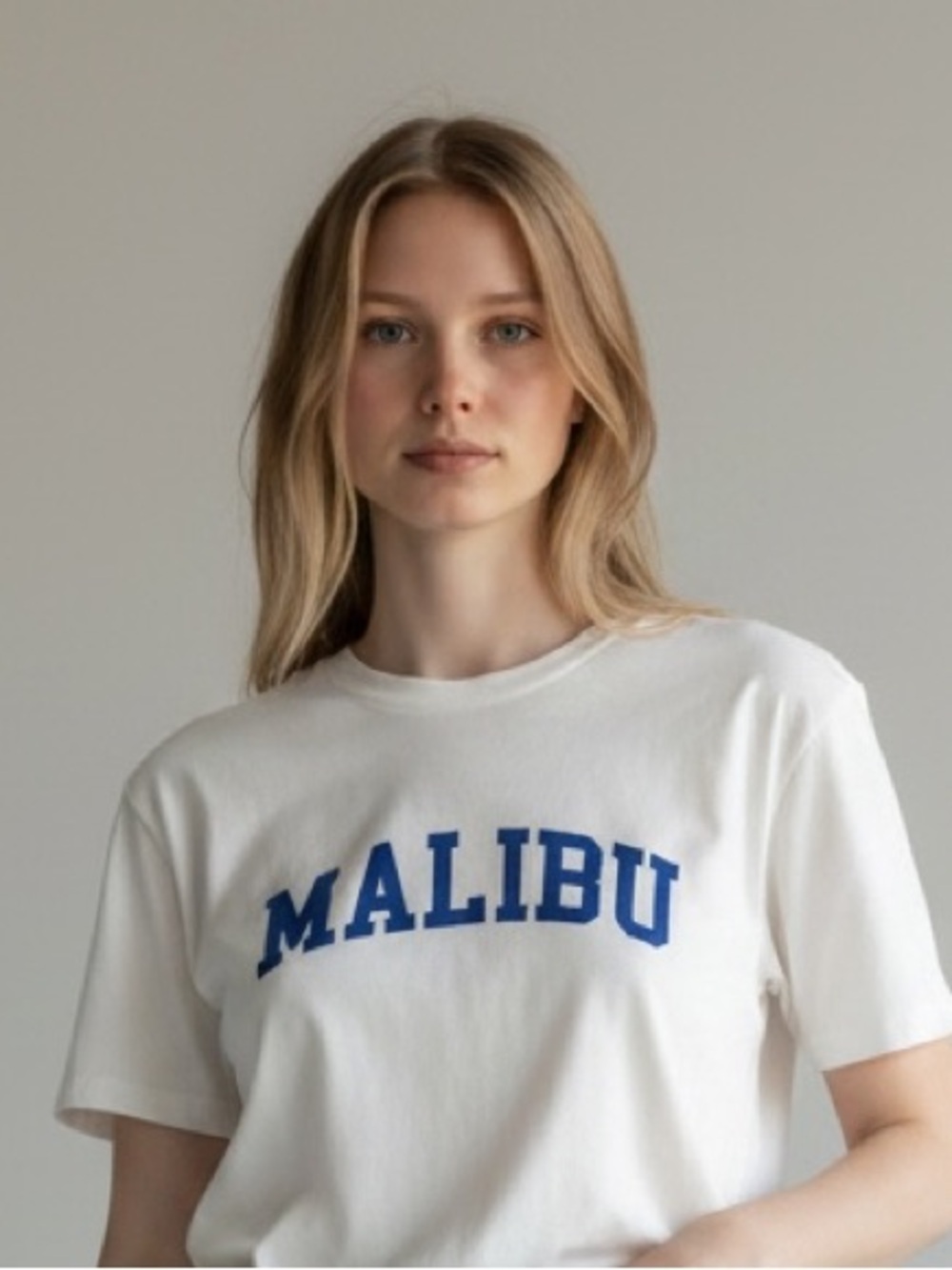 Sunday Best White Tee with Blue MALIBU Graphic XS